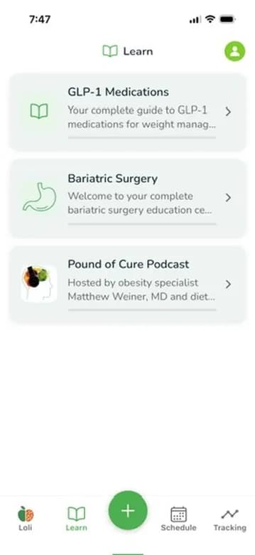 Loli Learn tab with GLP-1 Medications, Bariatric Surgery, and Podcast topics