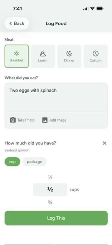 Selecting portion size for sauteed spinach in the Loli app