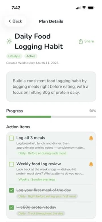 Plan details showing action items, progress bar, and completion tracking