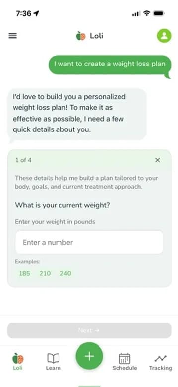 Loli AI chat - creating a personalized weight loss plan