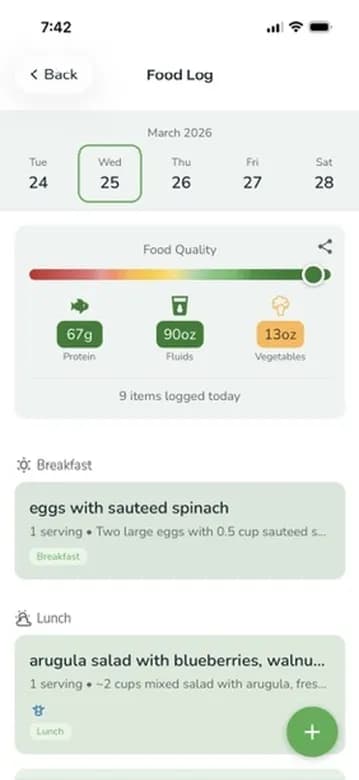 Loli food log - daily nutrition tracking with protein, fluids, and food quality